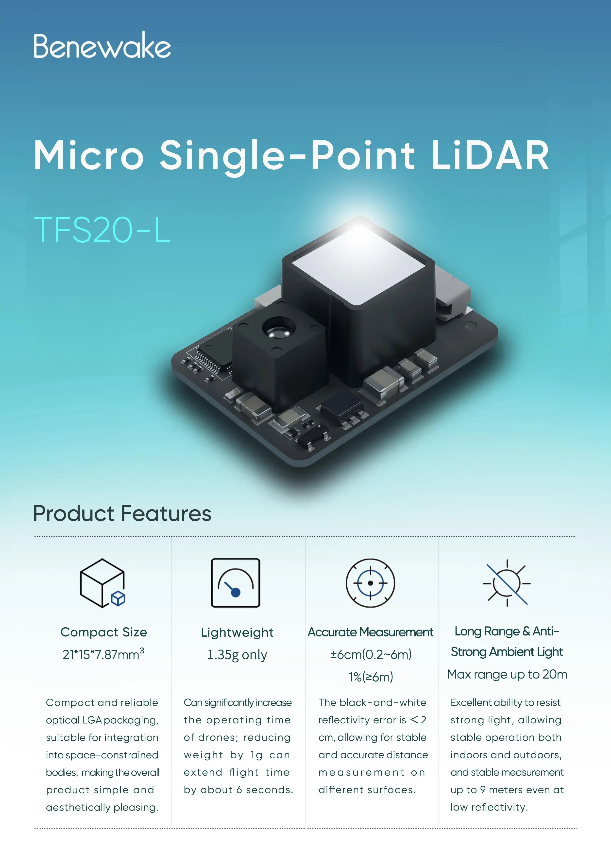 Benewake TFS20-L 20m Mikro LiD - Drone Lidar incelemesi ve fiyatı